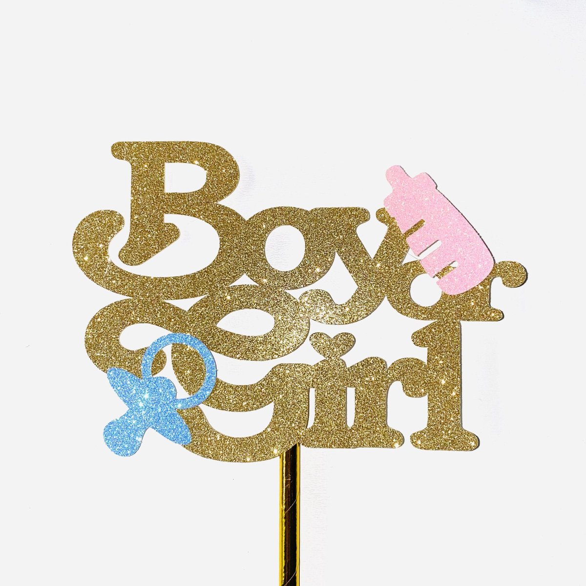 Taarttopper| Cake topper |Baby| Boy or Girl| Goud glitter|14 cm| karton